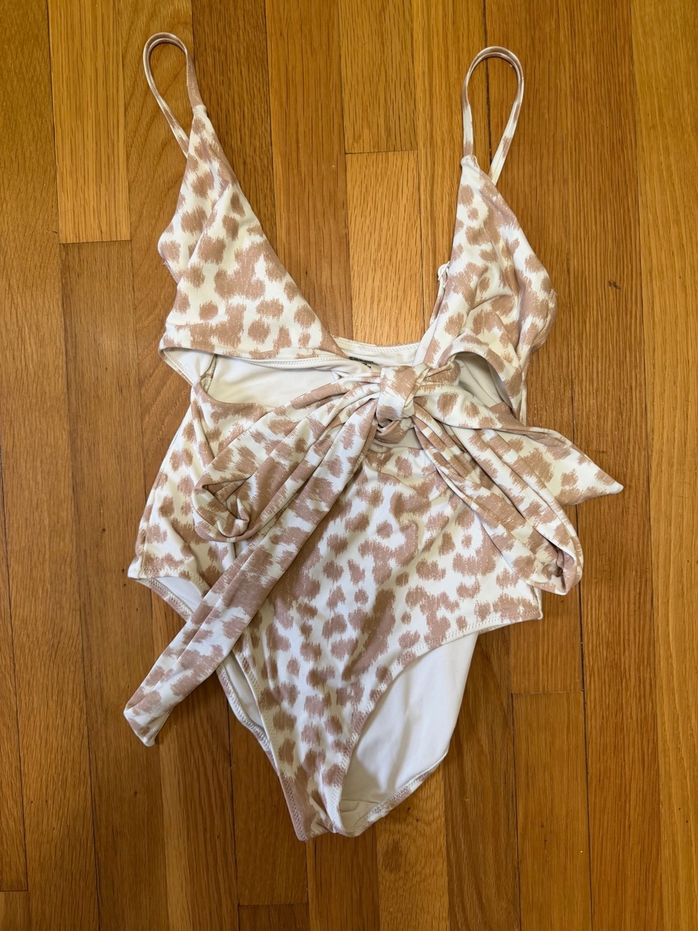 aerie Beige & White Leopard One-Piece Swimsuit with Tie Front